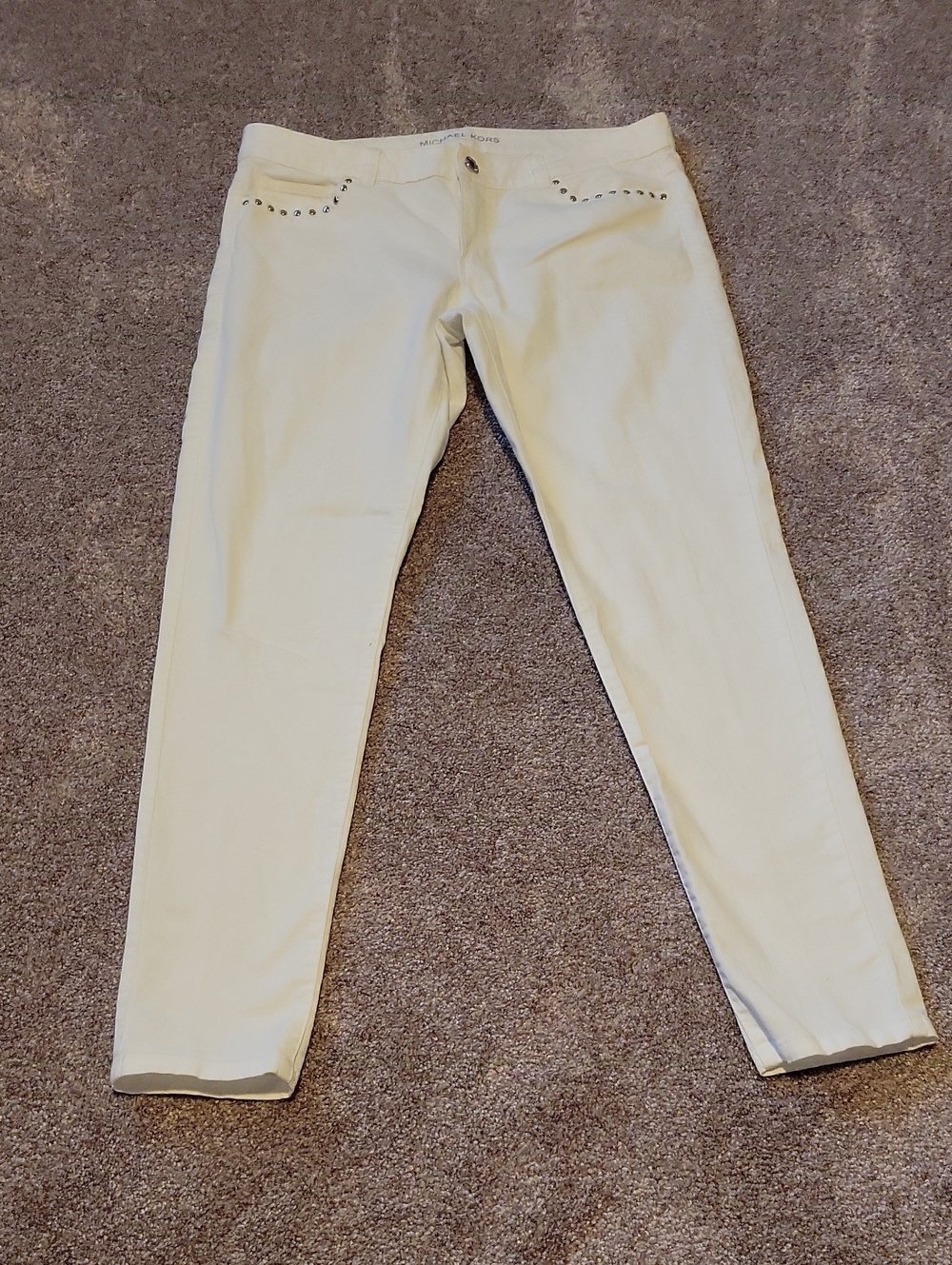 Michael Kors Cream Skinny Jeans with Stud Accents